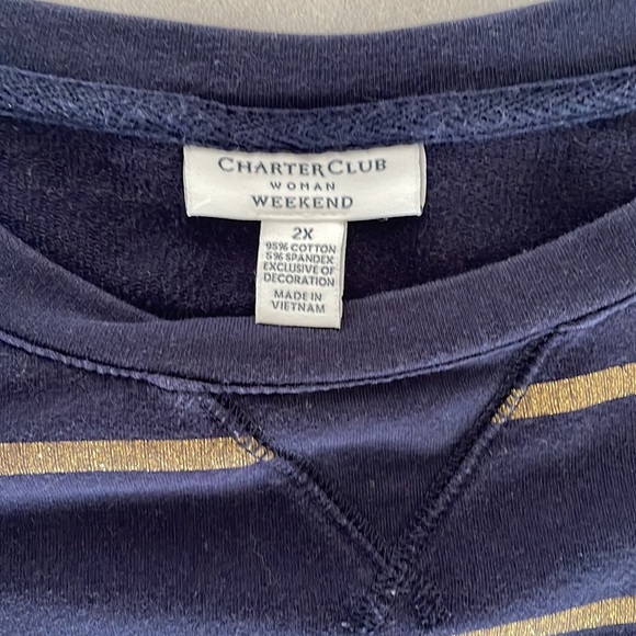 CHARTER CLUB Woman Weekend 2X long sleeve navy top glittery gold stripes high-lo - Picture 5 of 9
